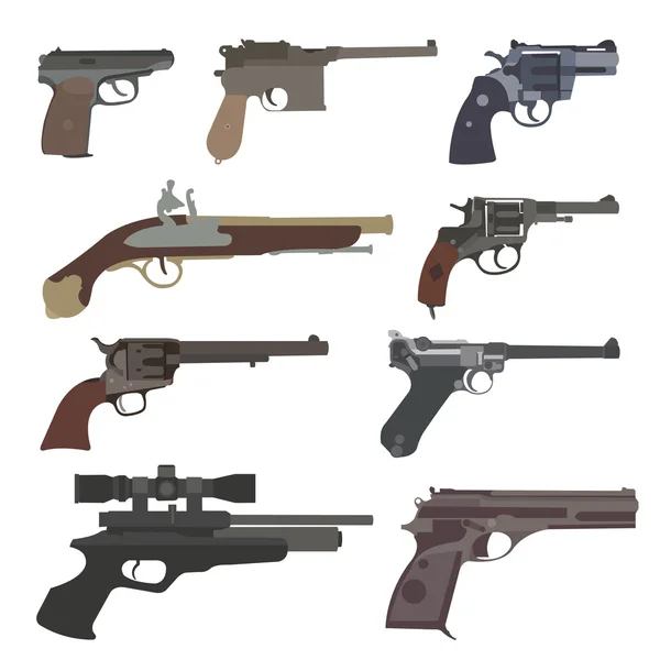 Ensemble d'armes à feu. Pistolets, pistolets, revolvers. Conception plate — Image vectorielle
