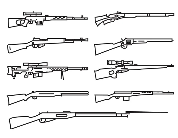 Firearm set. Gun, rifle, carbine. Flat design. Outline linear ve — Stock Vector