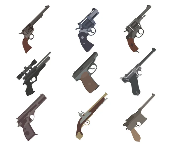 Ensemble d'armes à feu. Pistolets, pistolets, revolvers. Conception plate — Image vectorielle