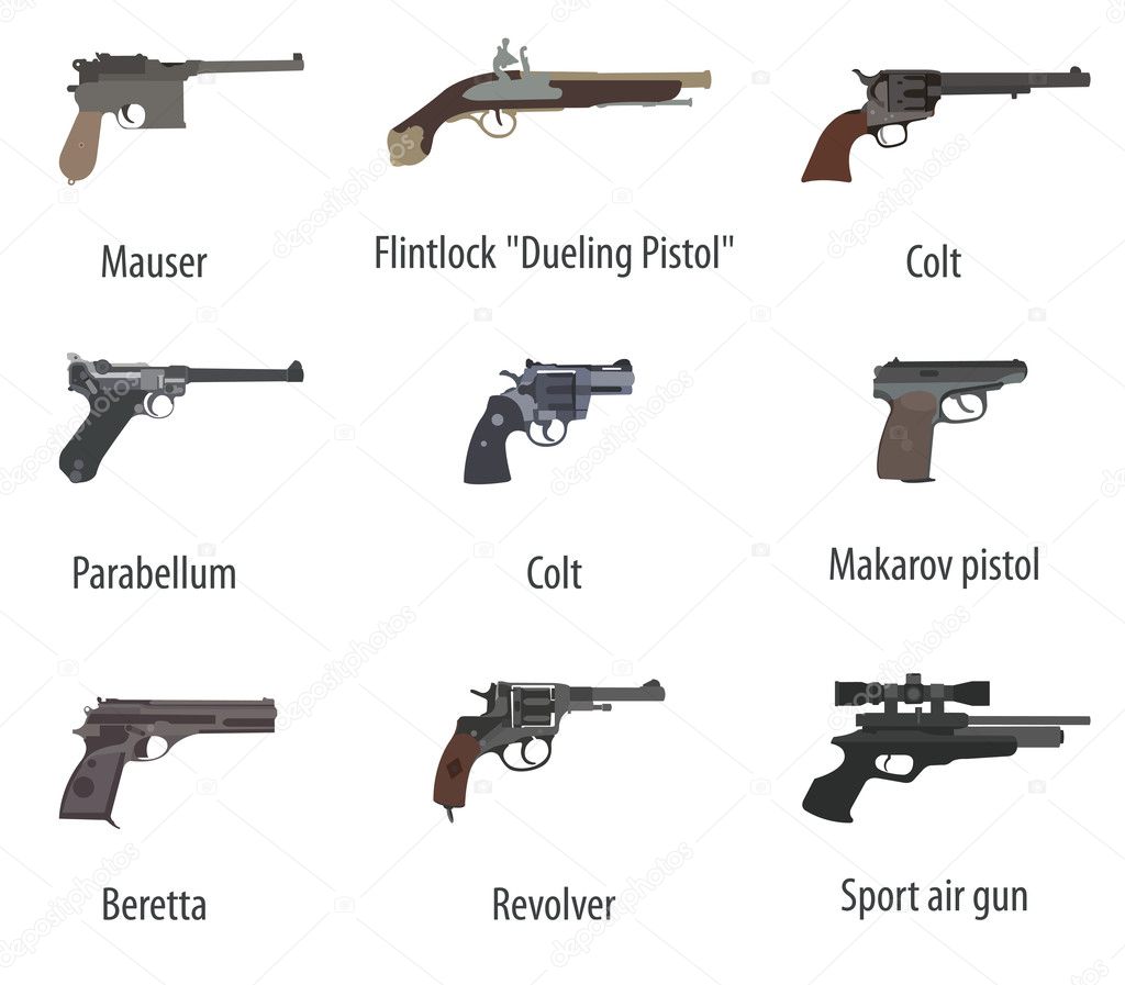 Firearm set. Guns, pistols, revolvers. Flat design