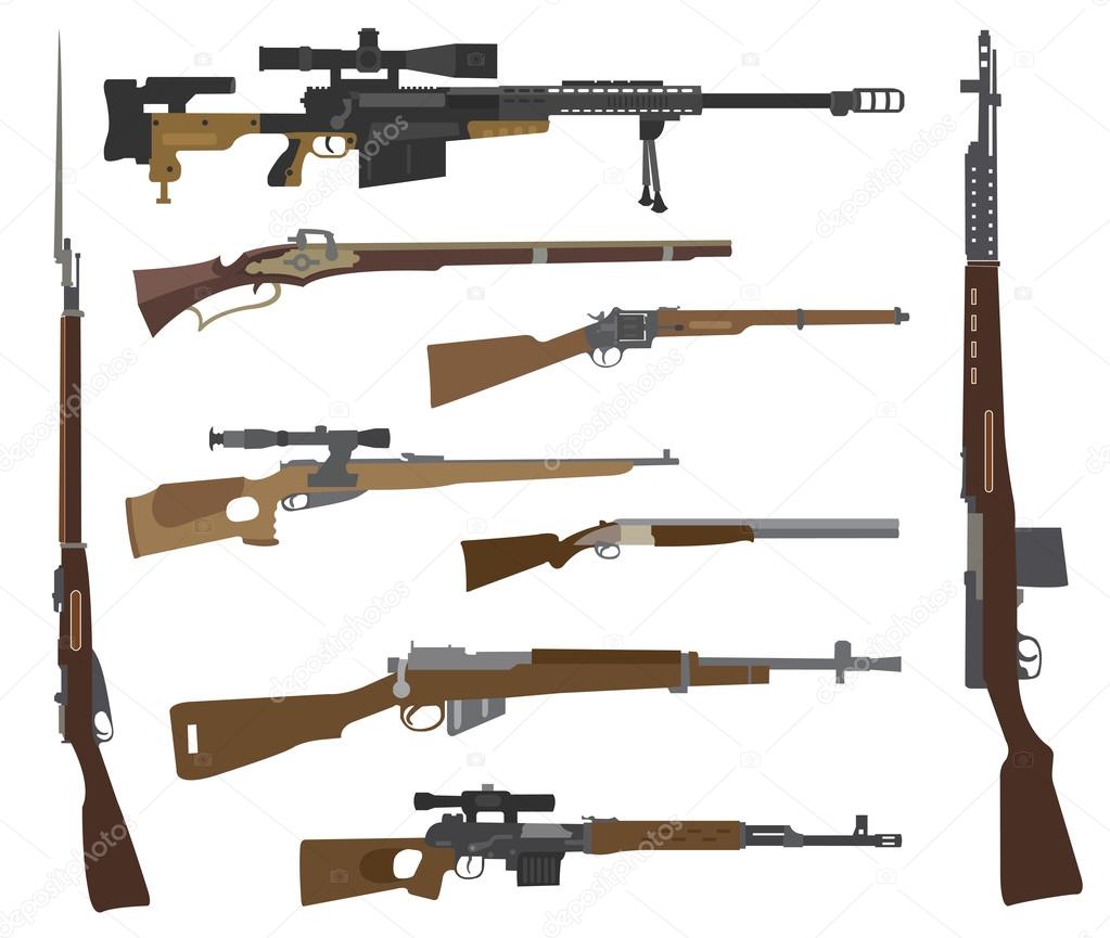 Firearm set. Gun, rifle, carbine. Flat design