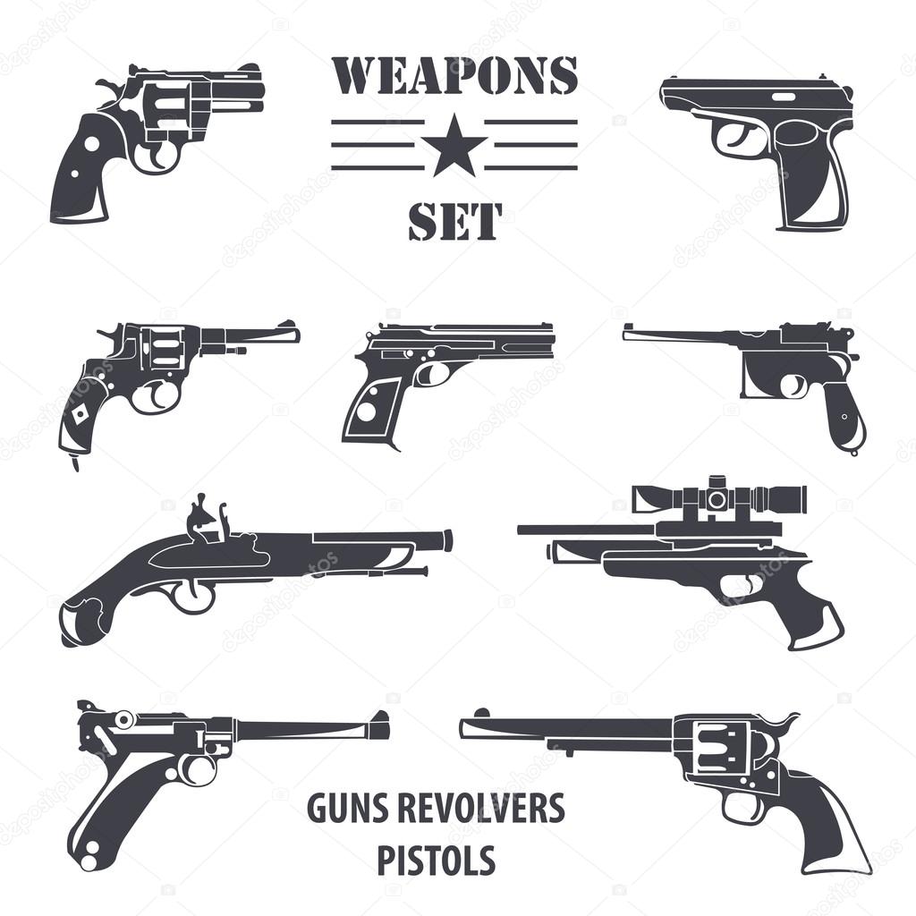 Firearm set. Guns, pistols, revolvers. Flat design