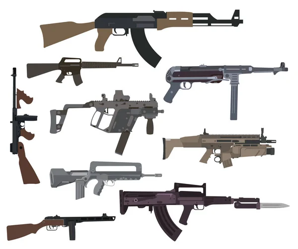 Firearm set. Automatic rifle, machine gun. Flat design — Stock Vector
