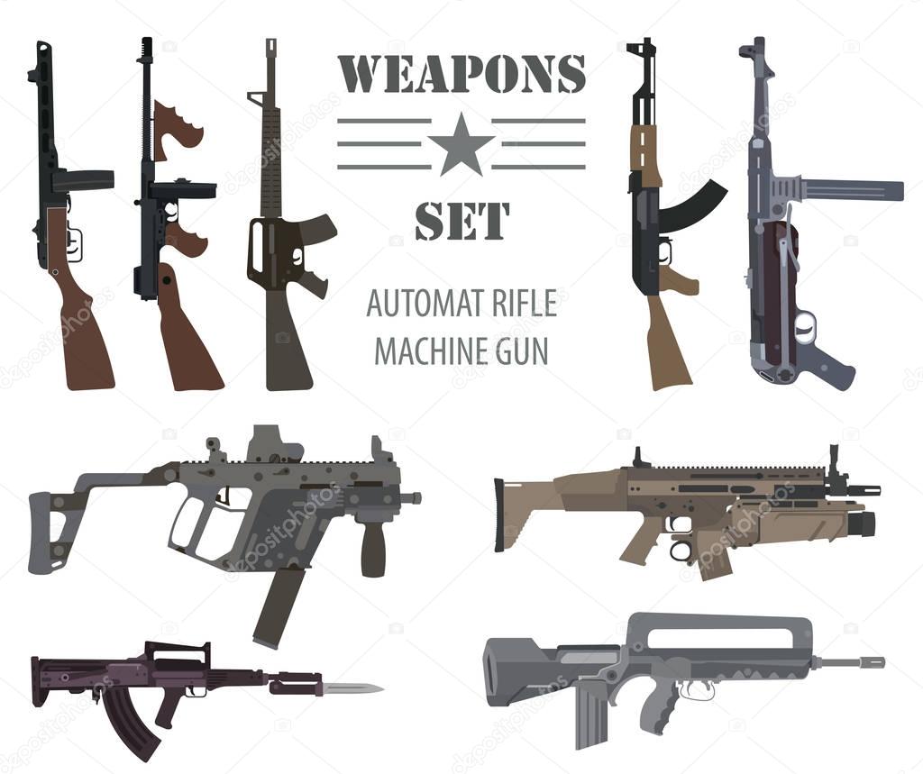 Firearm set. Automatic rifle, machine gun. Flat design