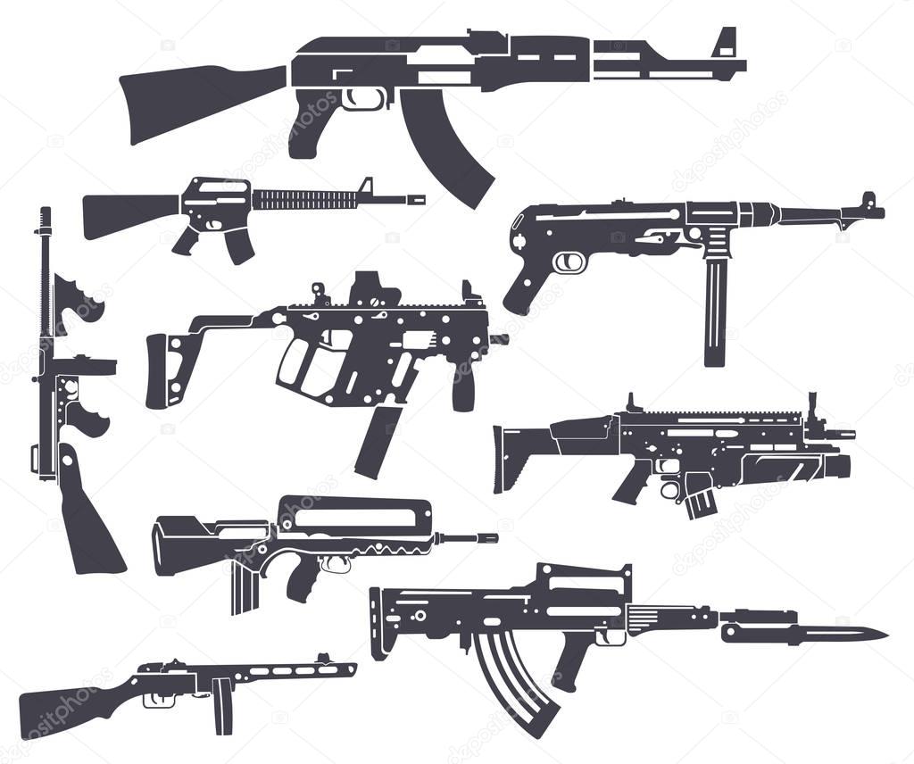 Firearm set. Automatic rifle, machine gun. Flat design