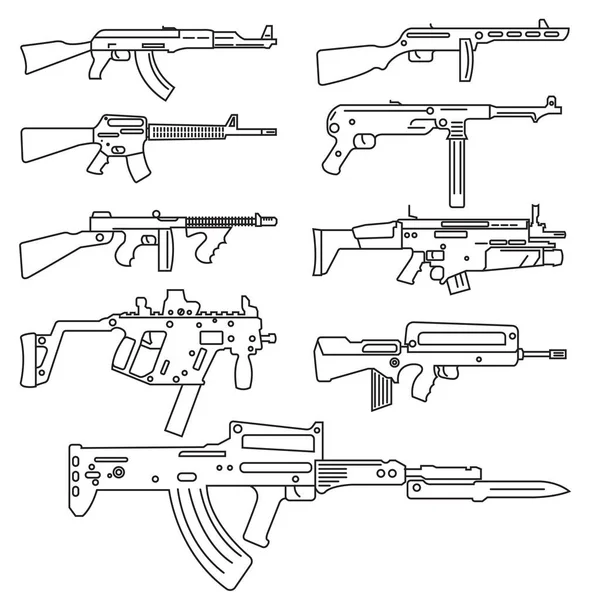 Firearm set. Automatic rifle, machine gun. Outline linear versio — Stock Vector