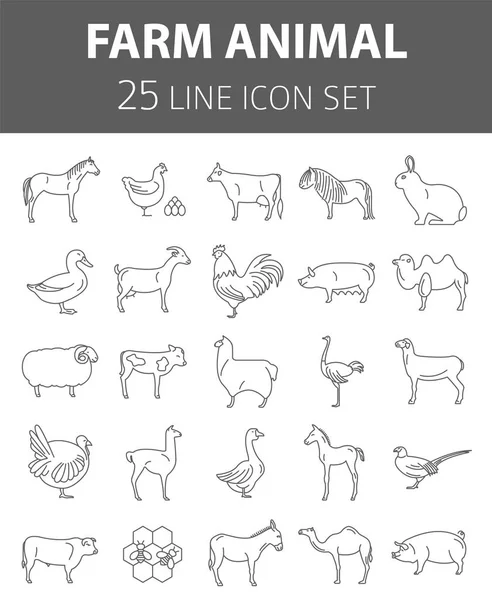 Colección de línea delgada animal de granja. 25 iconos. Diseño plano — Vector de stock