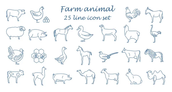 Colección de línea delgada animal de granja. 25 iconos. Diseño plano — Vector de stock