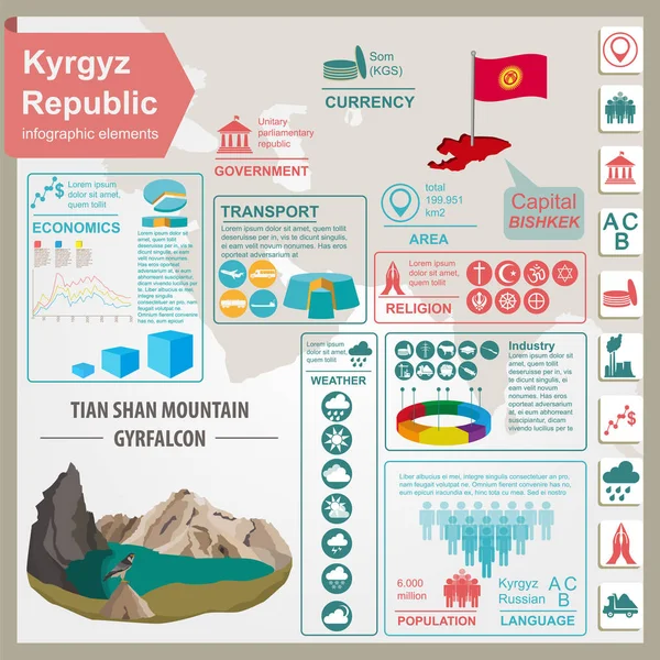 Informatii despre Kârgâzstan, date statistice, obiective turistice — Vector de stoc