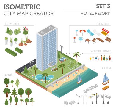 3D izometrik resort otel ve şehir harita Oluşturucu öğesi düz