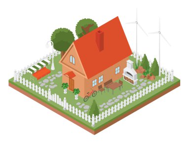 Düz 3D izometrik ev ve bina gibi şehir harita öğeleri, 