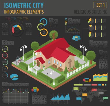 Dini mimari. Düz 3D izometrik kilise ve şehir harita cr
