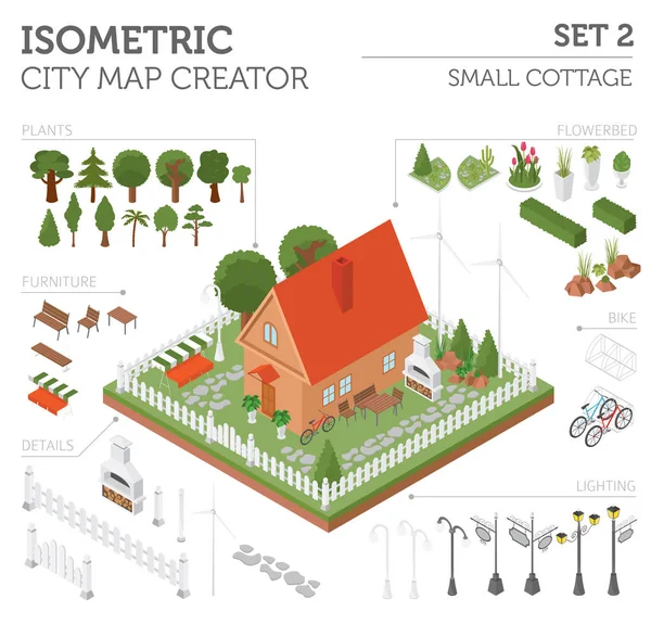 Плоский 3d ізометричний будинок і міська карта елементи конструктора такі — стоковий вектор