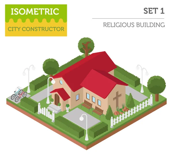 Arquitectura religiosa. Plano 3d iglesia isométrica y mapa de la ciudad cr — Vector de stock