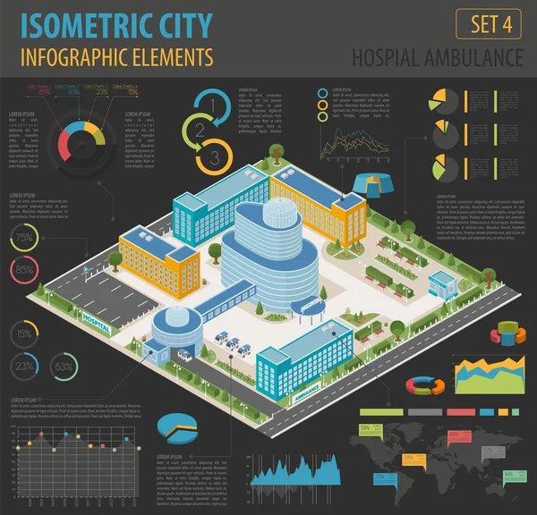 Piso 3d complejo clínico isométrico y mapa de la ciudad constructor elemen — Vector de stock