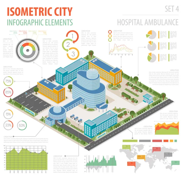 Flache 3d isometrische Klinik-Komplex und Stadtplan-Konstrukteur elemen — Stockvektor