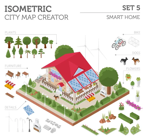 Flat 3d isométrica inteligente casa e cidade mapa construtor elementos s —  Vetores de Stock