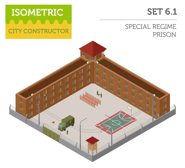 Flat 3d isometric special regime prison, jail for city map const — Stock Vector