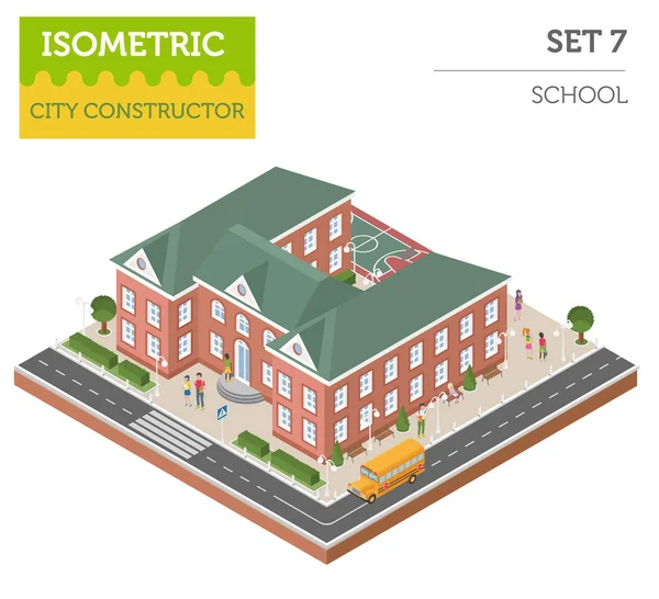 Plana 3d escola isométrica e elementos do construtor mapa da cidade, tais —  Vetores de Stock