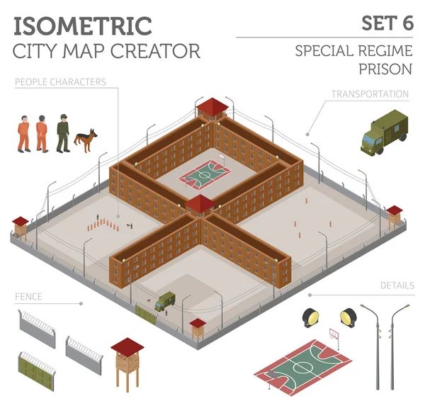 Плоска 3d ізометрична в'язниця спеціального режиму, в'язниця за карту міста const — стоковий вектор