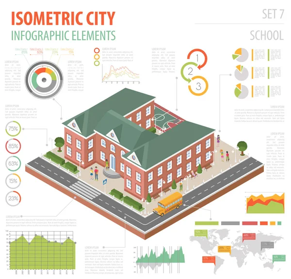 Flache 3d isometrische Schul- und Stadtplan-Konstrukteurselemente wie — Stockvektor