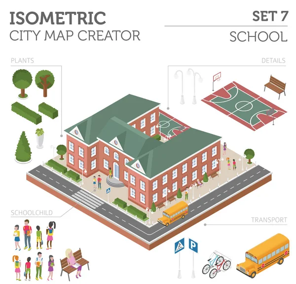 Escuela isométrica plana 3d y elementos constructores de mapas de la ciudad tales — Vector de stock