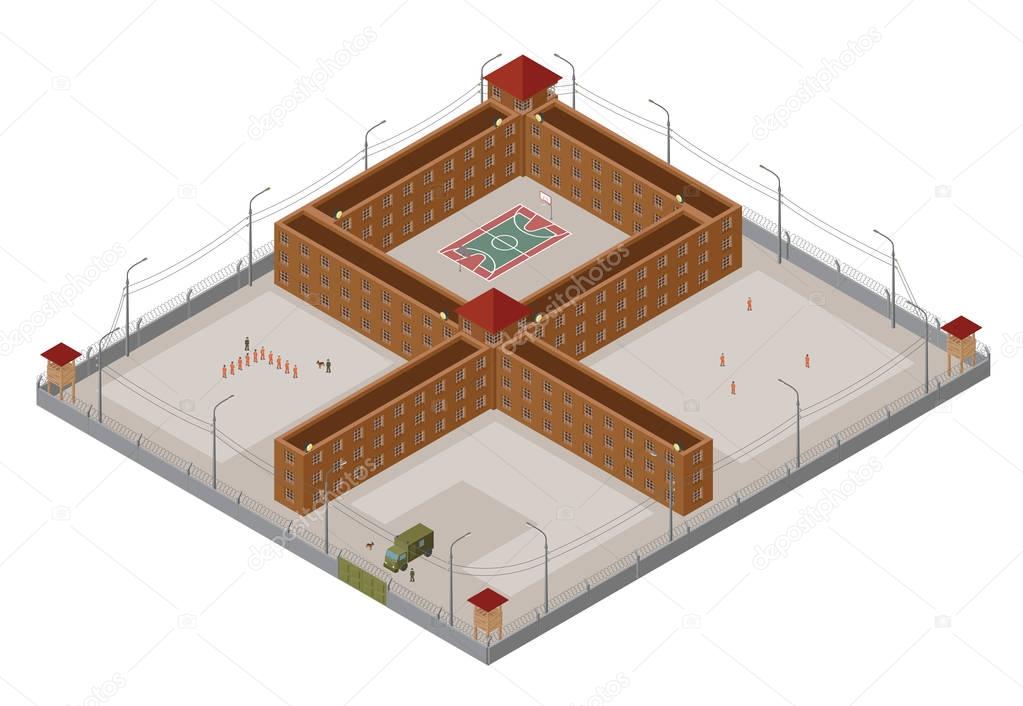 Flat 3d isometric special regime prison, jail for city map const