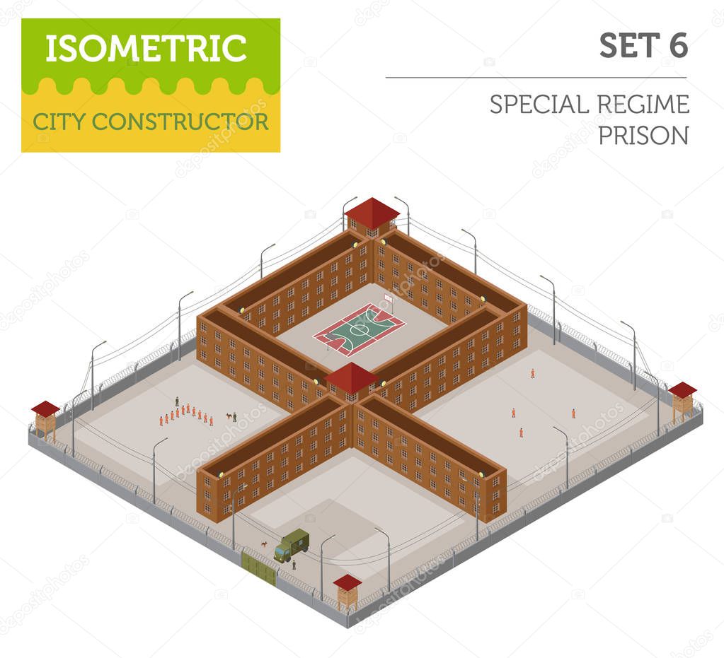 Flat 3d isometric special regime prison, jail for city map const