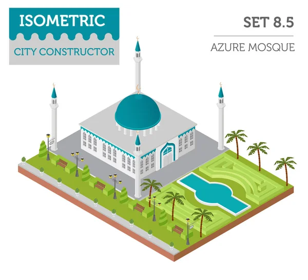 Masjid islamik isometrik 3d datar dan elemen konstruktor peta kota - Stok Vektor