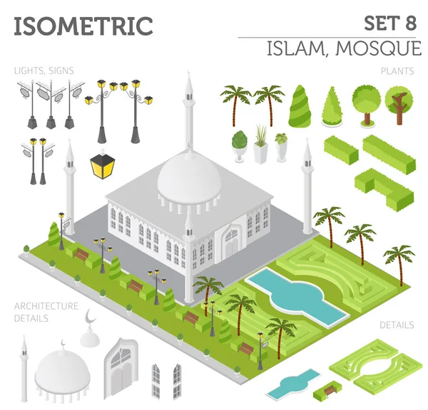 Plana 3d isométrica mesquita islâmica e cidade mapa construtor eleme —  Vetores de Stock