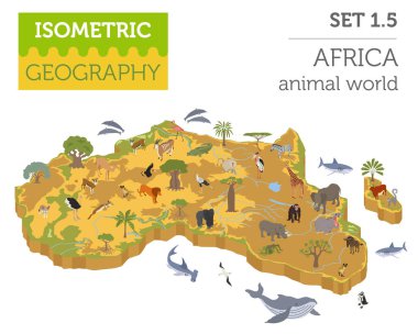 3D izometrik Afrika flora ve fauna harita Oluşturucu öğesi düz
