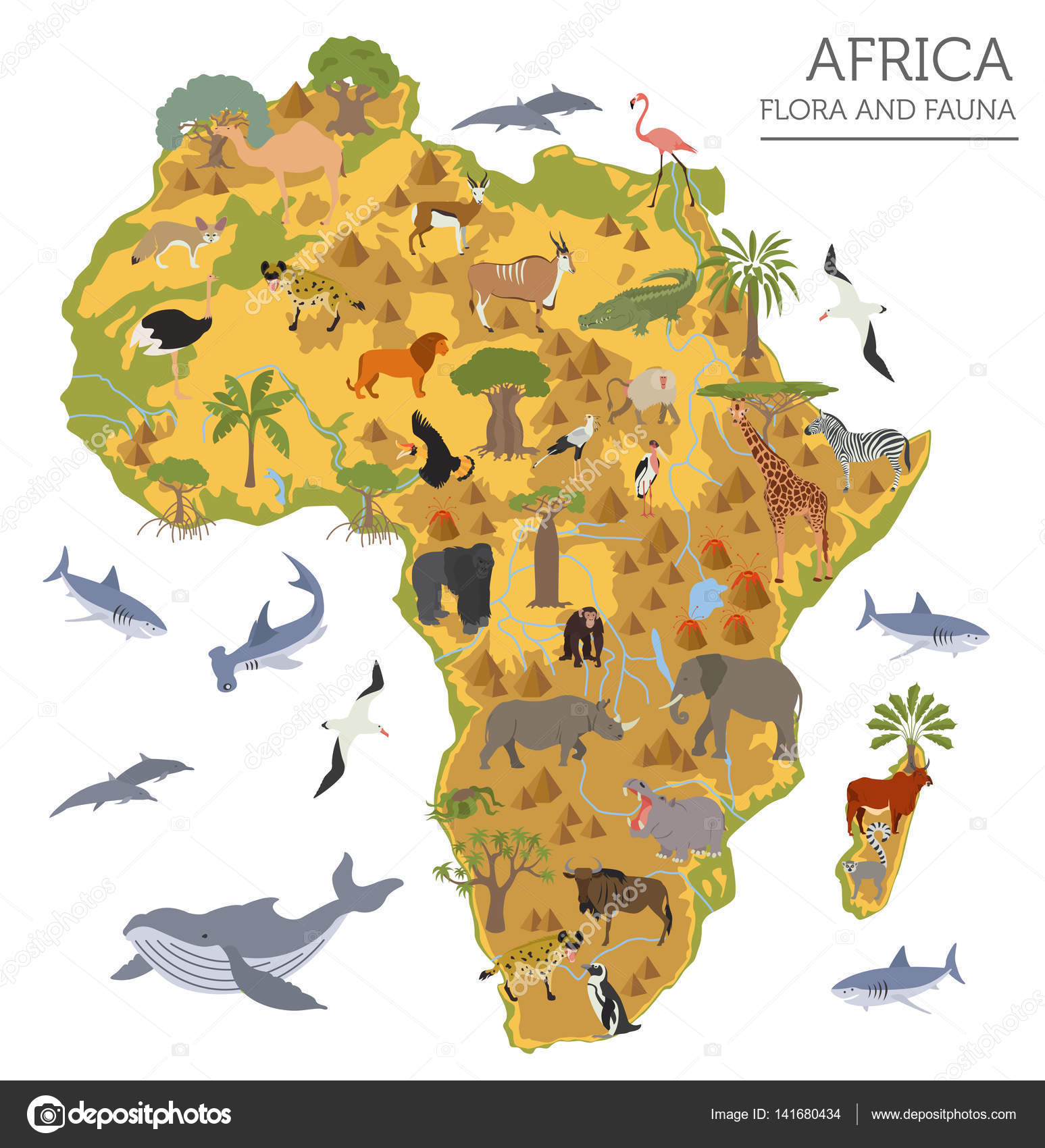 Flat Africa flora and fauna map constructor elements. Animals, b Stock
