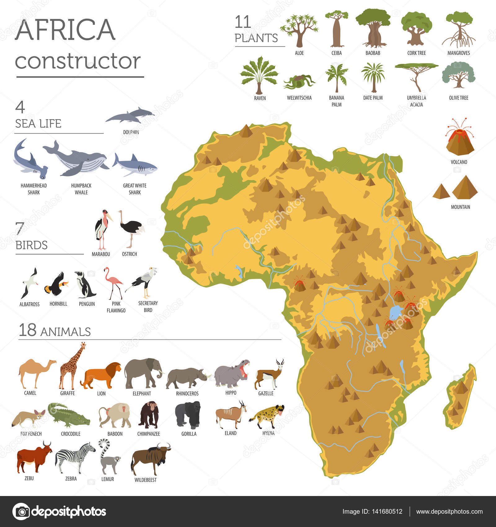 flora mapa Fauna y flora de África plano mapa elementos constructor. Animales  flora mapa