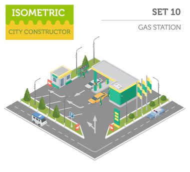 Düz 3D izometrik benzin istasyonu ve şehir harita Oluşturucu öğeleri 