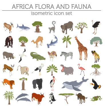 3D izometrik Afrika flora ve fauna harita Oluşturucu öğesi düz