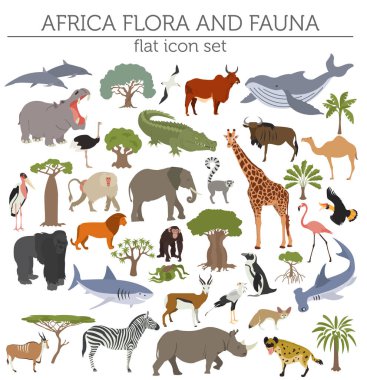 Flat Africa flora and fauna map constructor elements. Animals, b