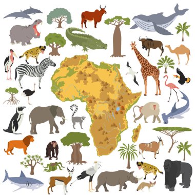 Düz Afrika flora ve fauna Oluşturucu öğeleri eşleyin. Hayvanlar, b