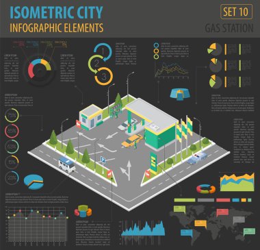 Düz 3D izometrik benzin istasyonu ve şehir harita Oluşturucu öğeleri 