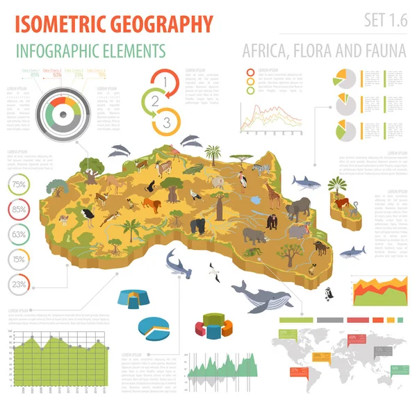 Επίπεδη 3d ισομετρική Αφρική χλωρίδα και πανίδα κατασκευαστή στοιχείο χάρτη — Διανυσματικό Αρχείο