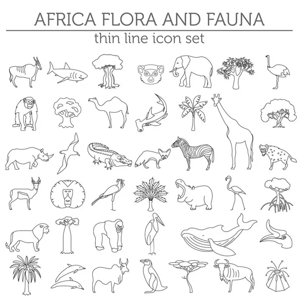 Línea delgada África elementos de flora y fauna. Animales, aves y animales — Vector de stock