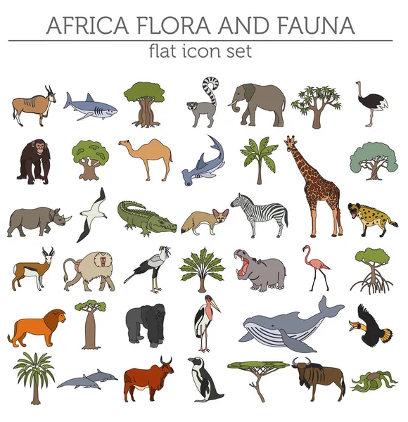 Flache afrikanische Flora und Fauna Kartenkonstrukteurselemente. Tiere, b — Stockvektor