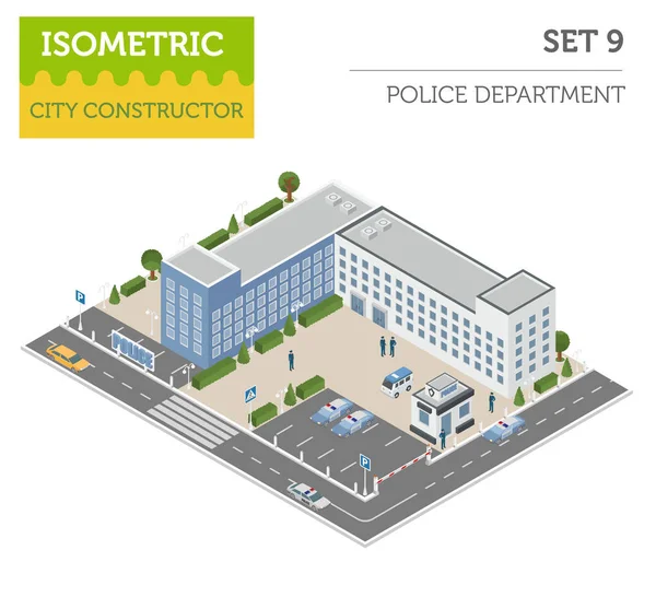 Düz 3D izometrik Emniyet Müdürlüğü ve şehir harita Oluşturucu YYK — Stok Vektör