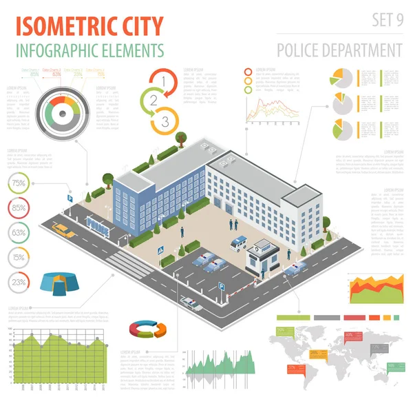 Appartement 3d isométrique police département et carte de la ville constructeur ele — Image vectorielle