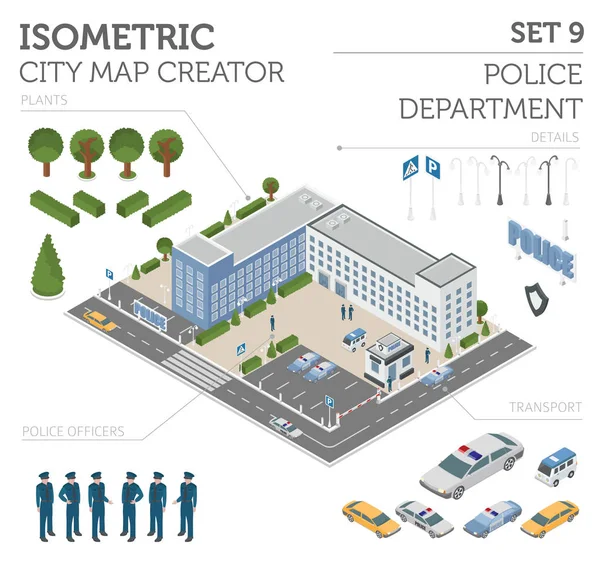 Düz 3D izometrik Emniyet Müdürlüğü ve şehir harita Oluşturucu YYK — Stok Vektör