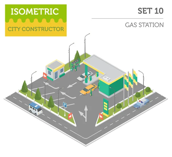 3d izometrické čerpací stanice a prvky konstruktor mapa města — Stockový vektor