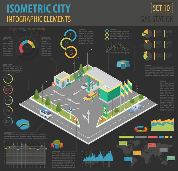 Piso 3d isométrico Gasolinera y mapa de la ciudad elementos constructores — Archivo Imágenes Vectoriales