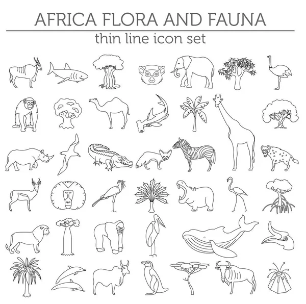 Linha fina África flora e fauna elementos. Animais, aves e se — Vetor de Stock