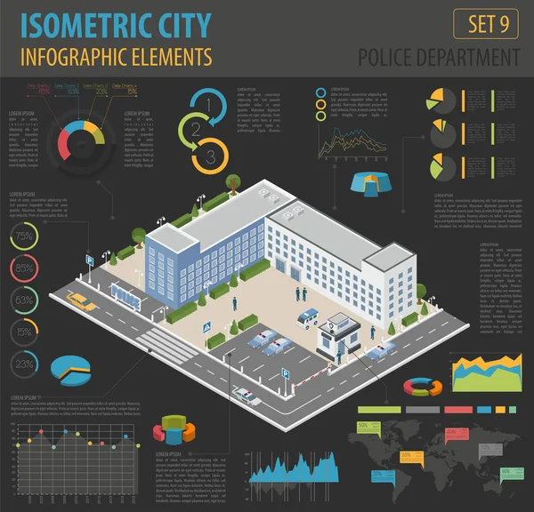 Appartement 3d isométrique police département et carte de la ville constructeur ele — Image vectorielle