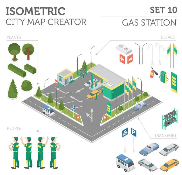 Platte 3d isometrische benzinestation en stad kaart constructor elementen — Stockvector