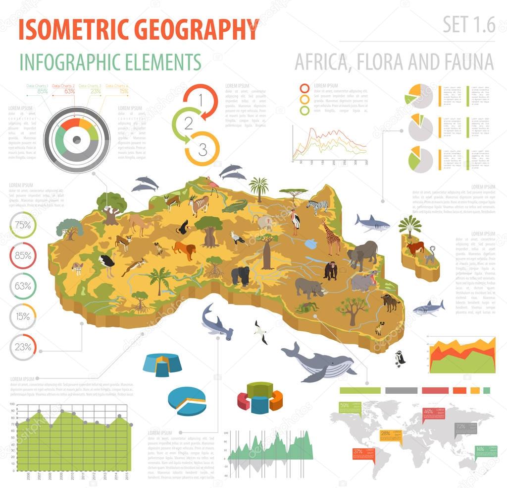 Flat 3d isometric Africa flora and fauna map constructor element